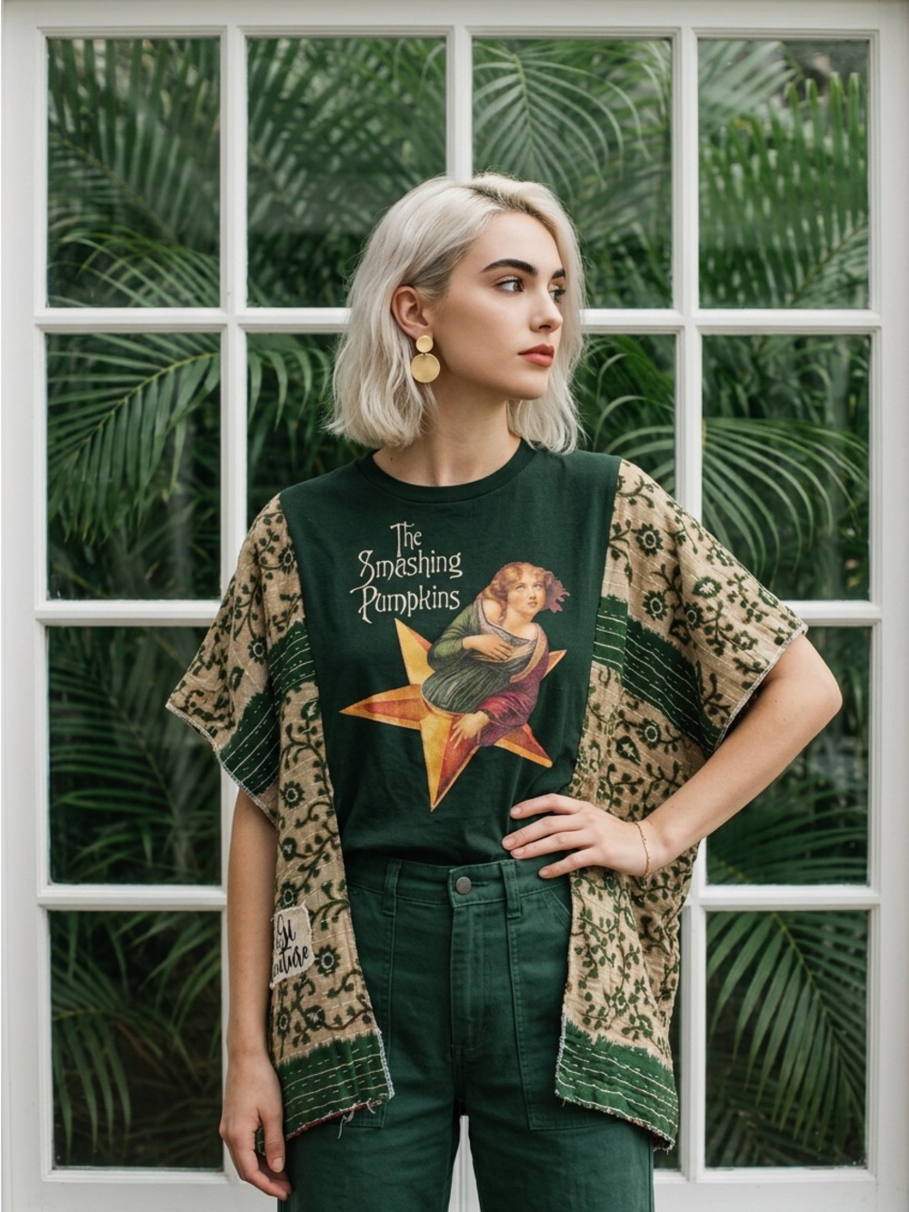 Smashing Pumpkins upcycle band tee with Kantha Sleeves Poncho, BOHO 70’s,Hippie